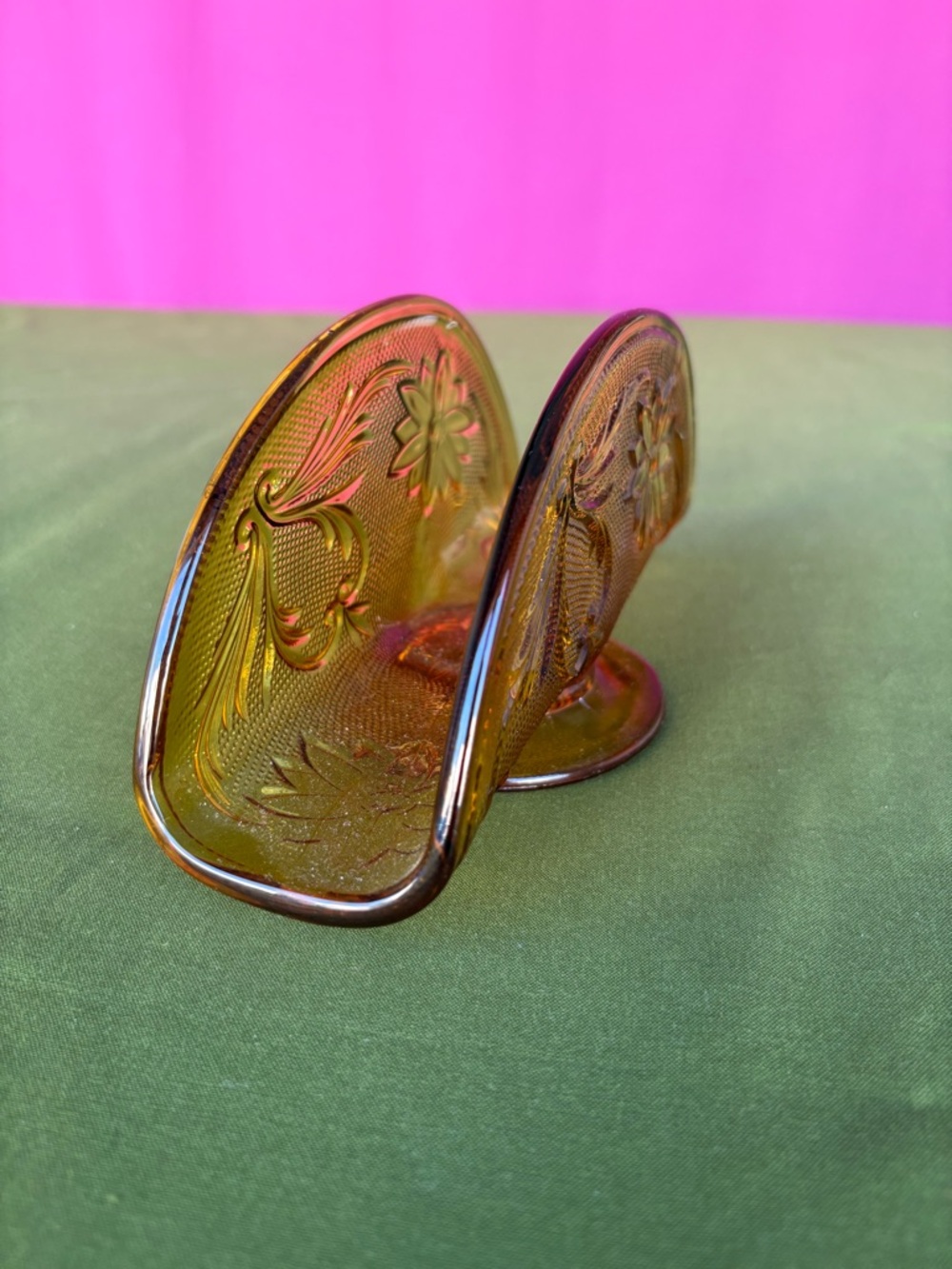 Vintage Amber Glass Napkin Holder Floral Pressed Glass Retro Kitchen Decor